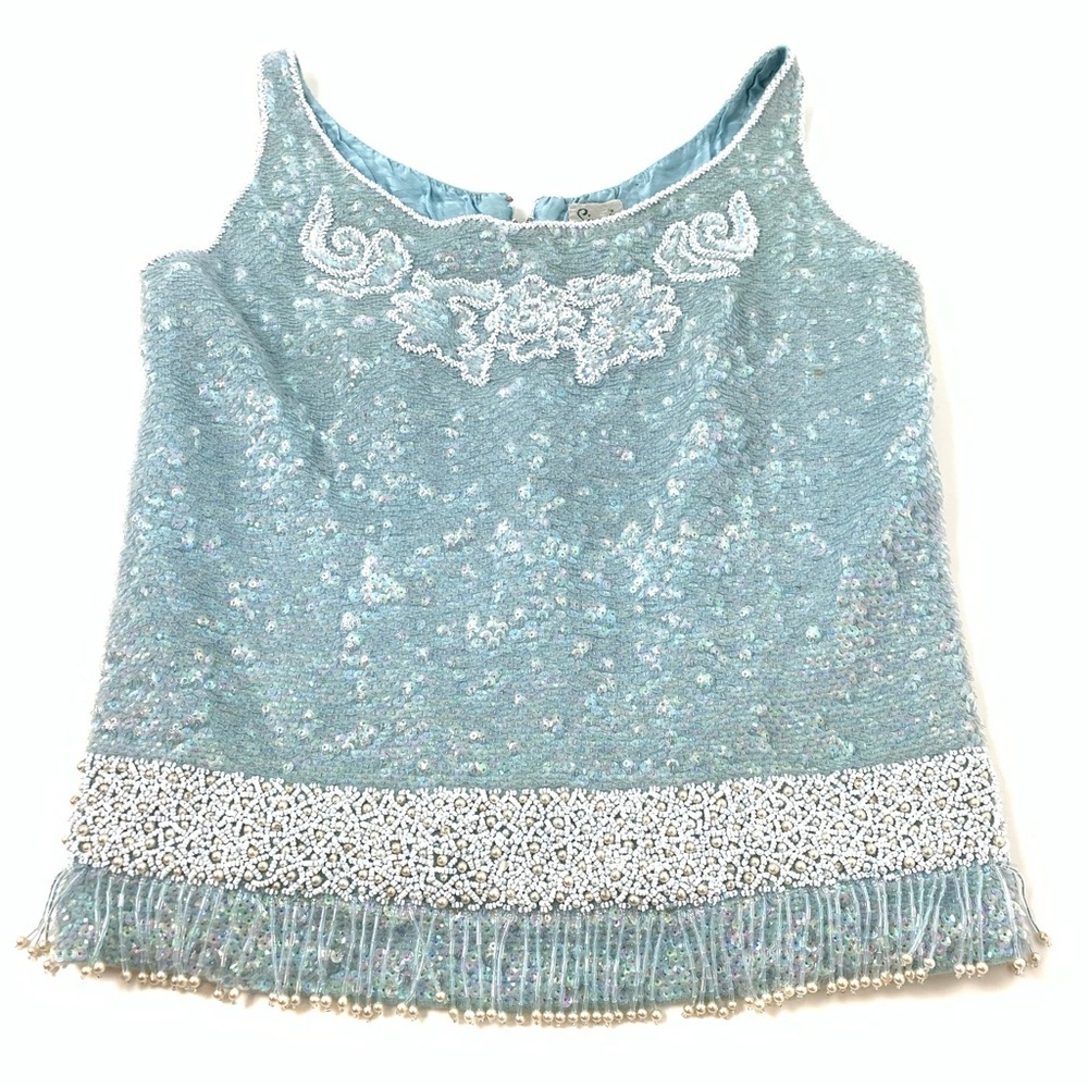 Vintage Beaded Sequined Top Women Simon’s Blue Sz Medium Full Zip Gatsby Sequins